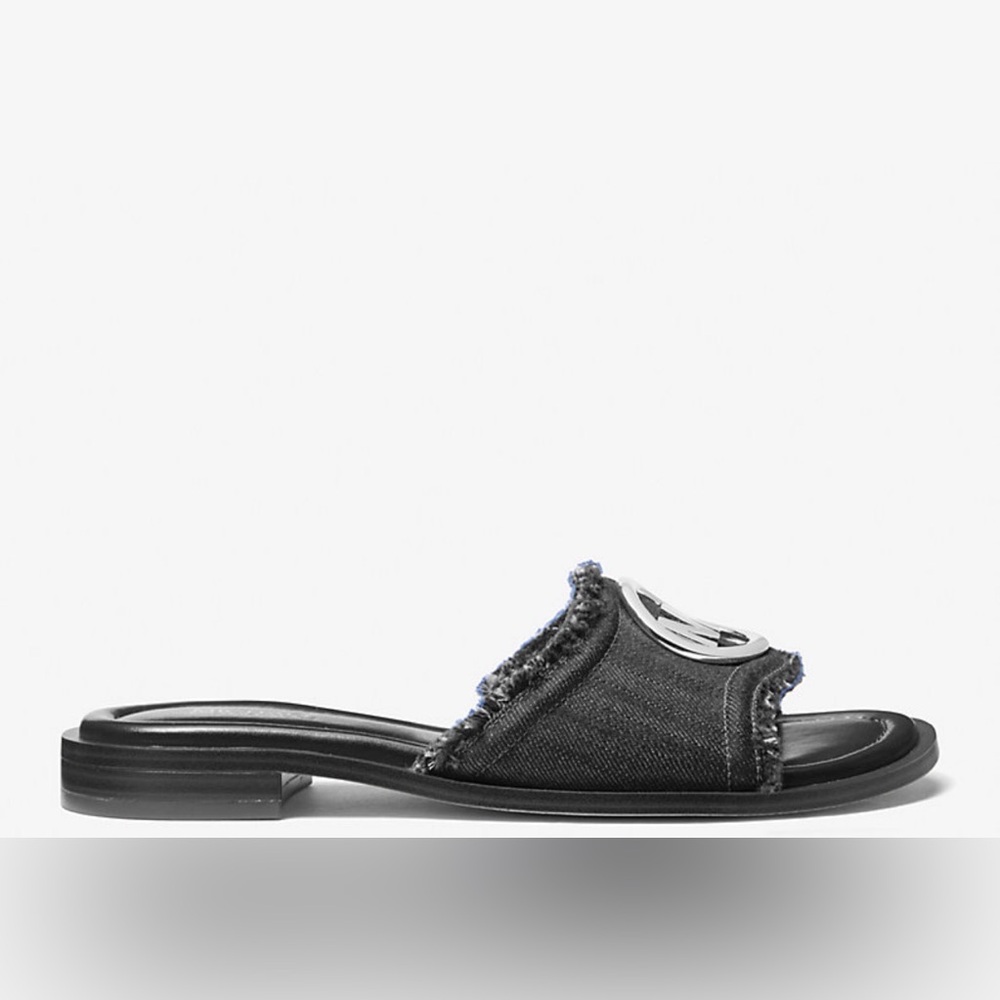 Michael Kors Hannah denim Black Slide Sandals with Silver Accent